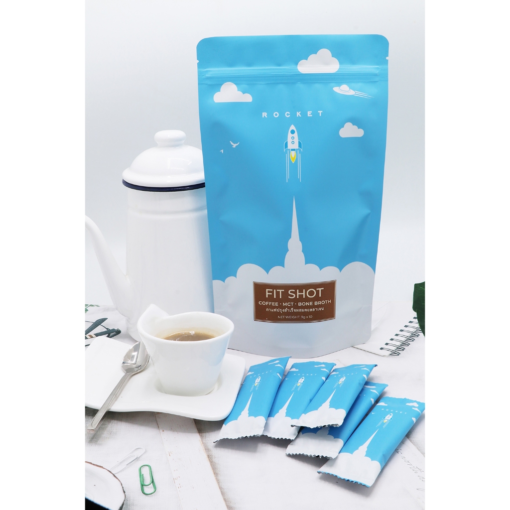 FIT SHOT - BONE BROTH KETO COFFEE + MCT: INSTANT DRINK IN SACHET 10 SERVINGS กาแฟปรุงสำเร็จผสมคอลลาเจน ROCKET BRAND