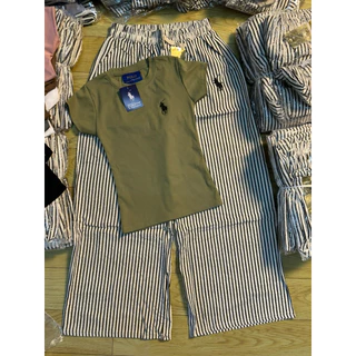 YY[พร้อมส่ง] เซ็ต2ชิ้น เสื้อปักม้า + กางเกงขายาวลายริ้ว ใส่ได้ทั้งชุด งานจริง