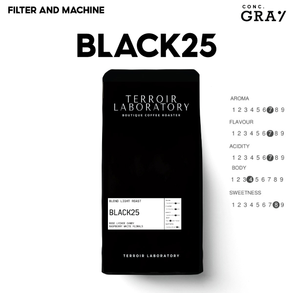 (CONC.GRAY) เมล็ดกาแฟคั่ว "BLACK"  200 g Fresh Lychee,Pink Rose, Orange, Refreshing florals