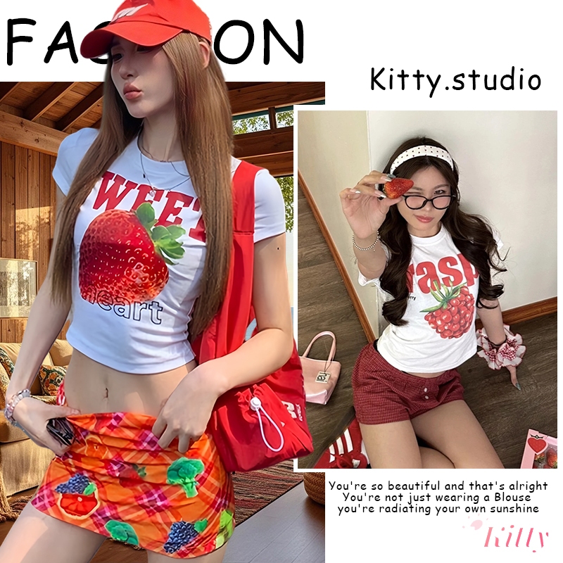Kitty พร้อมส่ง🌸เสื้อครอป เสื้อยืดสีขาว🌸Y2K สุดฮิตผู้หญิงแขนสั้น พิมพ์ผลไม้ ทรงรัดรูป น่ารัก ใส่สบาย สไตล์สาวเกาหลี