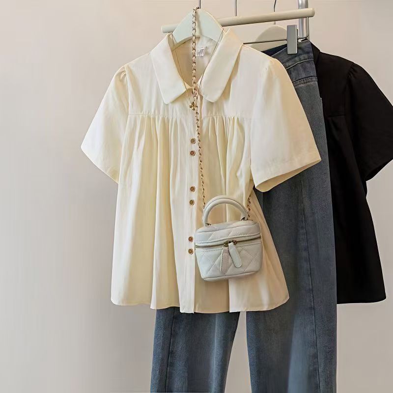 Coco~เสื้อเชิ้ต แขนสั้น ผ้าใยน้ำแข็ง สีทึบ เสื้อผ้าแฟชั่นสไตล์เกาหลี