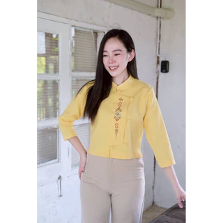 เสื้อผ้าฝ้ายคอจีนอัดกาวแขนสามส่วน