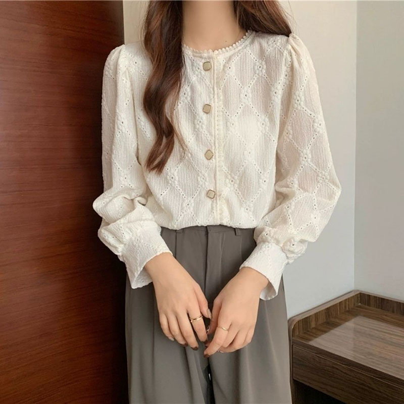 เสื้อเชิ้ตลูกไม้แฟชั่นสไตล์ย้อนยุคฝรั่งเศส แขนยาว สวมใส่ด้านนอกได้หลากหลาย สำหรับผู้หญิง