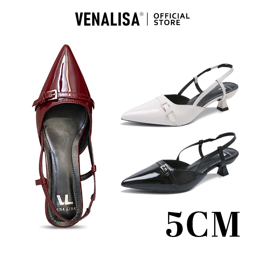 รองเท้า Venalisa สำหรับผู้หญิง หัวแหลม มีโลหะเข็มขัด สายสะพายหลัง รองเท้าเล็กสูง สไตล์โมเดิร์น