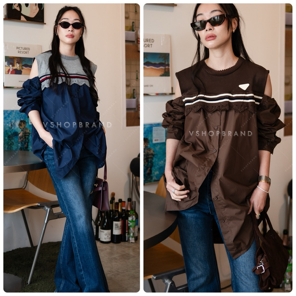 Vshop #912-7 เชิ้ตแขนยาวต่ออกไหมพรม เว้าไหล่