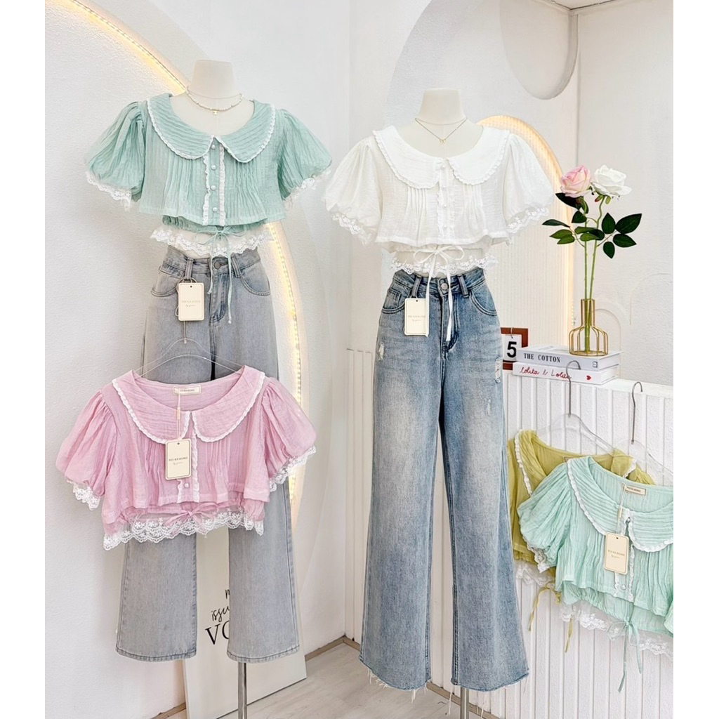 NN722 เสื้อครอบคอบัวแขนตุ๊กตา ชายเสื้อแต่งลูกไม้ Peekanong🌷