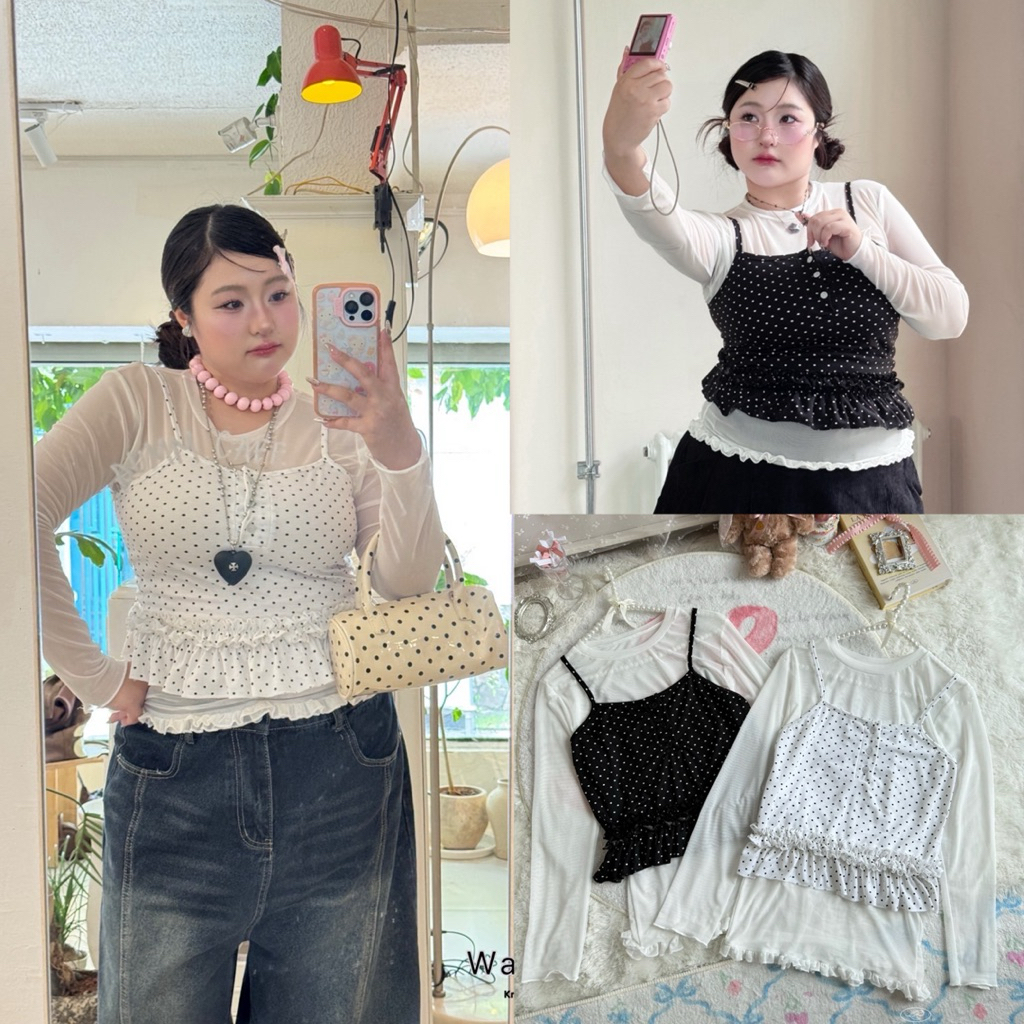 เซตเสื้อแขนยาวซีทรู + สายเดี่ยวลายจุด น่ารักมากๆ (พลัสไซส์/ไซส์ใหญ่)