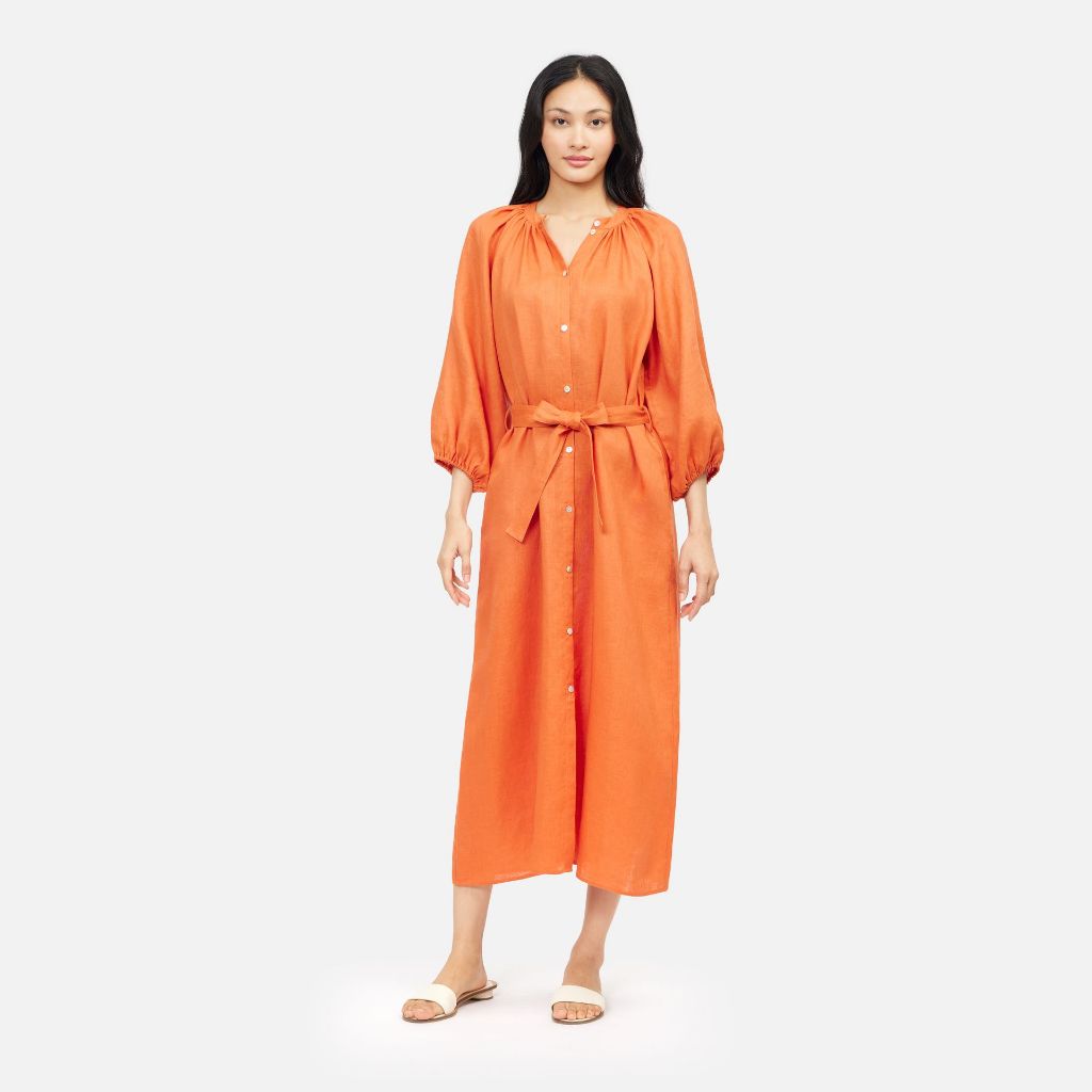 Solid Linen Gathered Neck Maxi Dress - Orange
