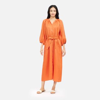 Solid Linen Gathered Neck Maxi Dress - Orange