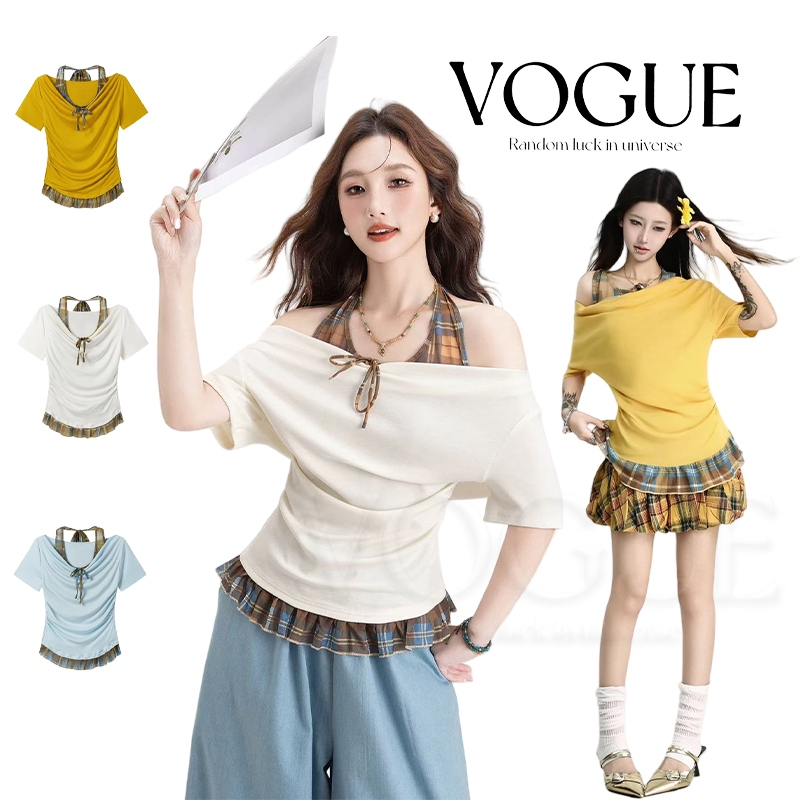 Vogue🌟พร้อมส่ง🌟 เสื้อไหมพรใ แขนสั้น ดีเทลเปิดไหล่สีสดใส ลายสก็อต ยืดพอดี (56522)