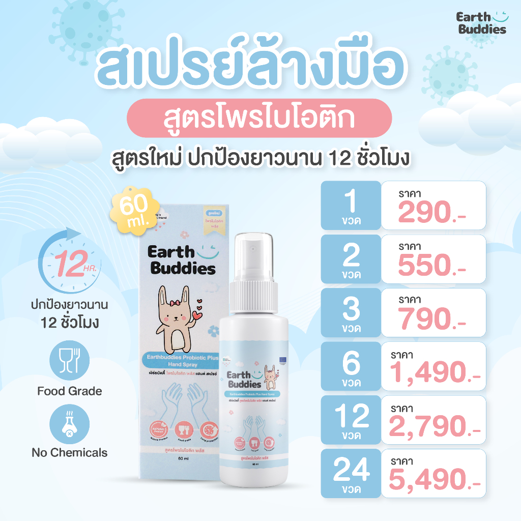 Earth Buddies สเปรย์ล้างมือ สูตรโพรไบโอติกพลัส สำหรับเด็ก ผลิตภัณฑ์ทำความสะอาดมือ ใช้ได้ตั้งแต่แรกเก
