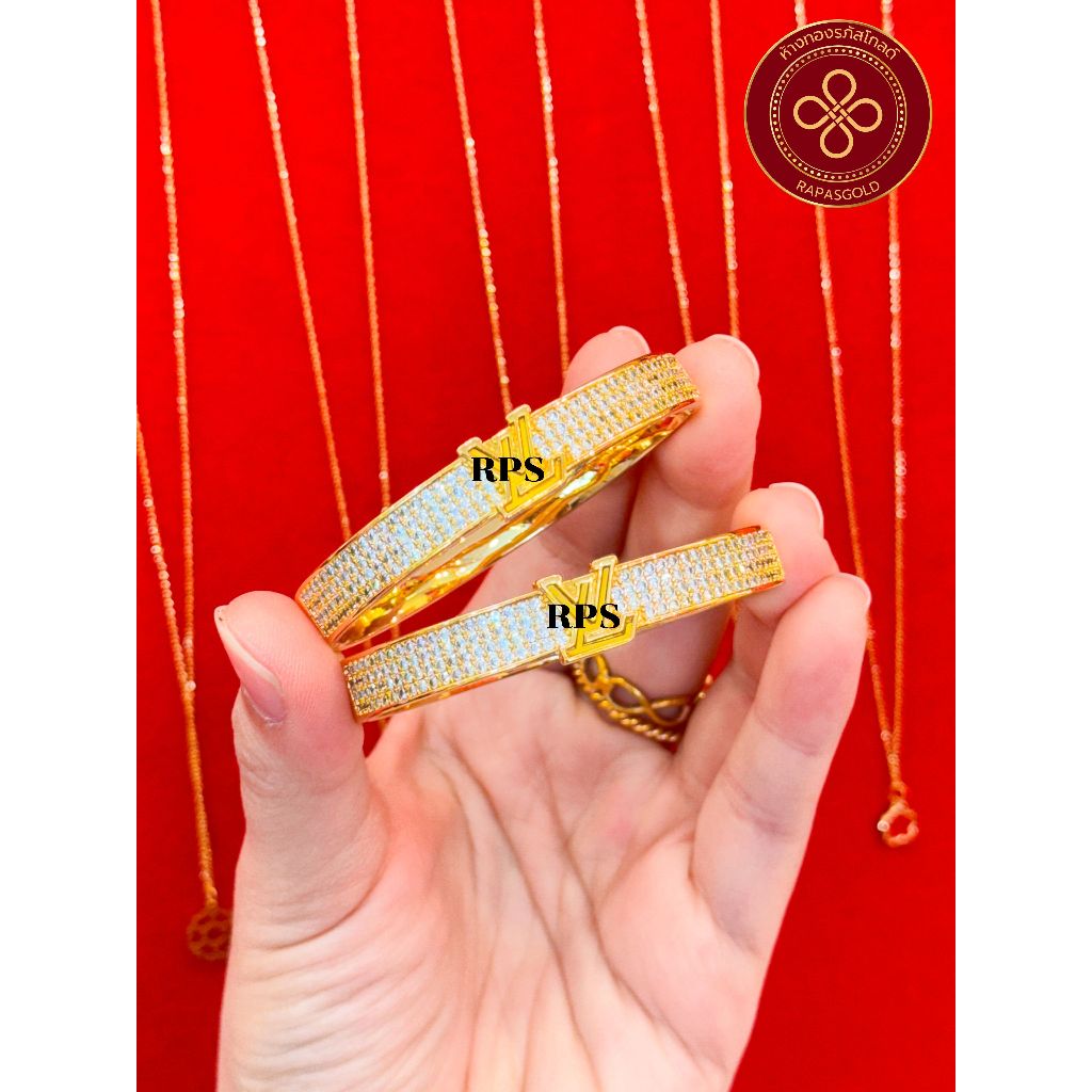 [RAPASGOLD] กำไลแฟชั่นประดับแผ่นทองแท้ตัวอักษรตัว L เพชร พร้อมกล่องกำมะหยี่โลโก้ร้านทอง