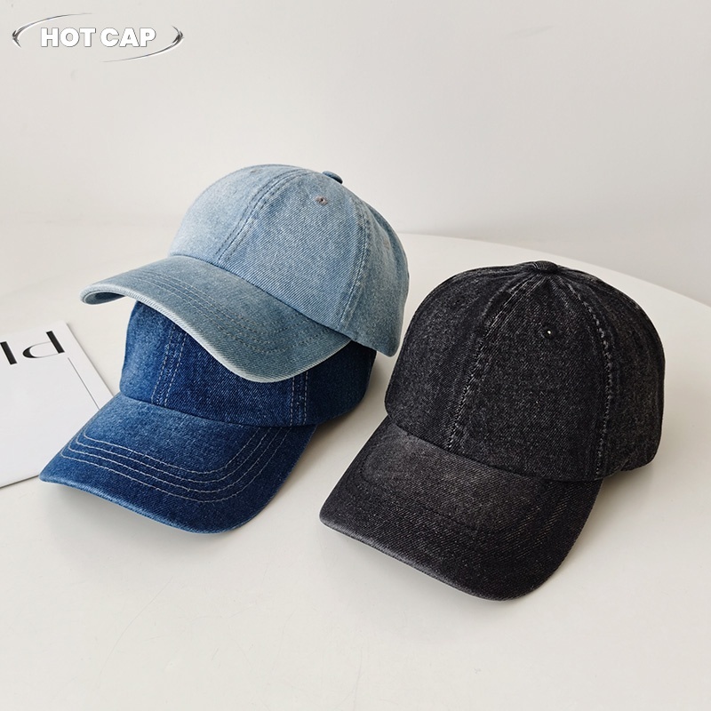 Hotcap ชิปปิ้ง💕หมวกเบสบอลผ้ายีนส์ฟอกสีพื้นคลาสสิก สไตล์เกาหลี นุ่มสัมผัส ช่วยให้ใบหน้าดูเล็กลง หมวกกันแดดสำหรับผู้ช