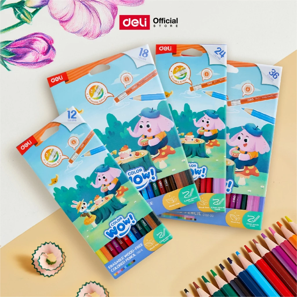 Deli ดินสอสีไม้ มียางลบ ระบายลื่น สีสด คมชัด ชุด 12/18/24/36 สี Color Pencils จำหน่าย 1 ชุด