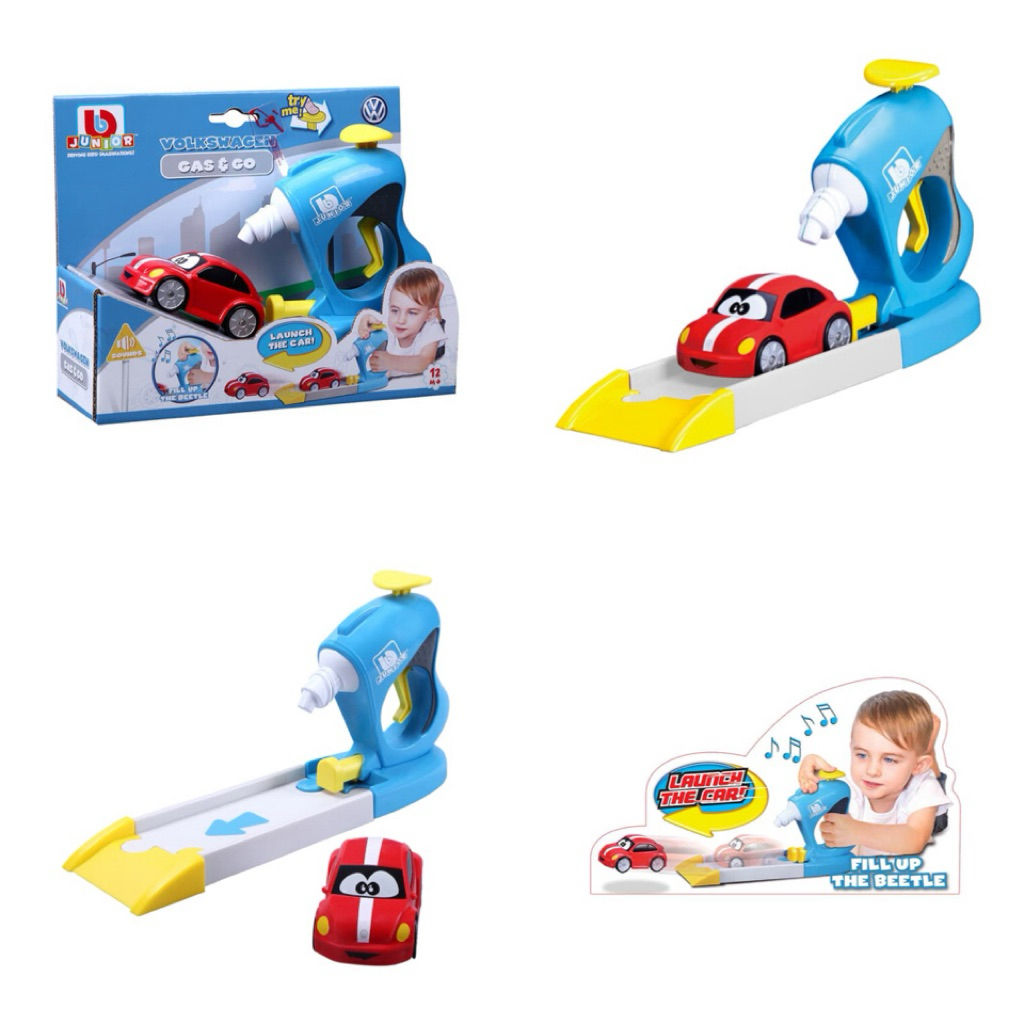 BB Junior Volkswagen Gas & Go New Beetle ชุดรถของเล่นพร้อมที่ดีดส่งตัวรถรูปทรงหัวจ่ายน้ำมัน 16-88608