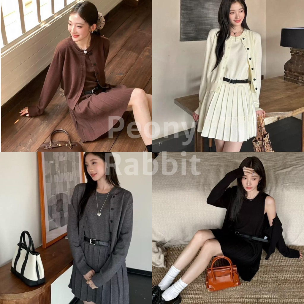 O ชุดเซ็ตไหมพรม 2 ชิ้นสุดคิ้วท์ มินิเดรสไหมพรม +เสื้อคลุมคาร์ดิแกน มาพร้อมเข็มขัดเข้าชุด ใส่แล้วดูละมุน ชุดสีดำ