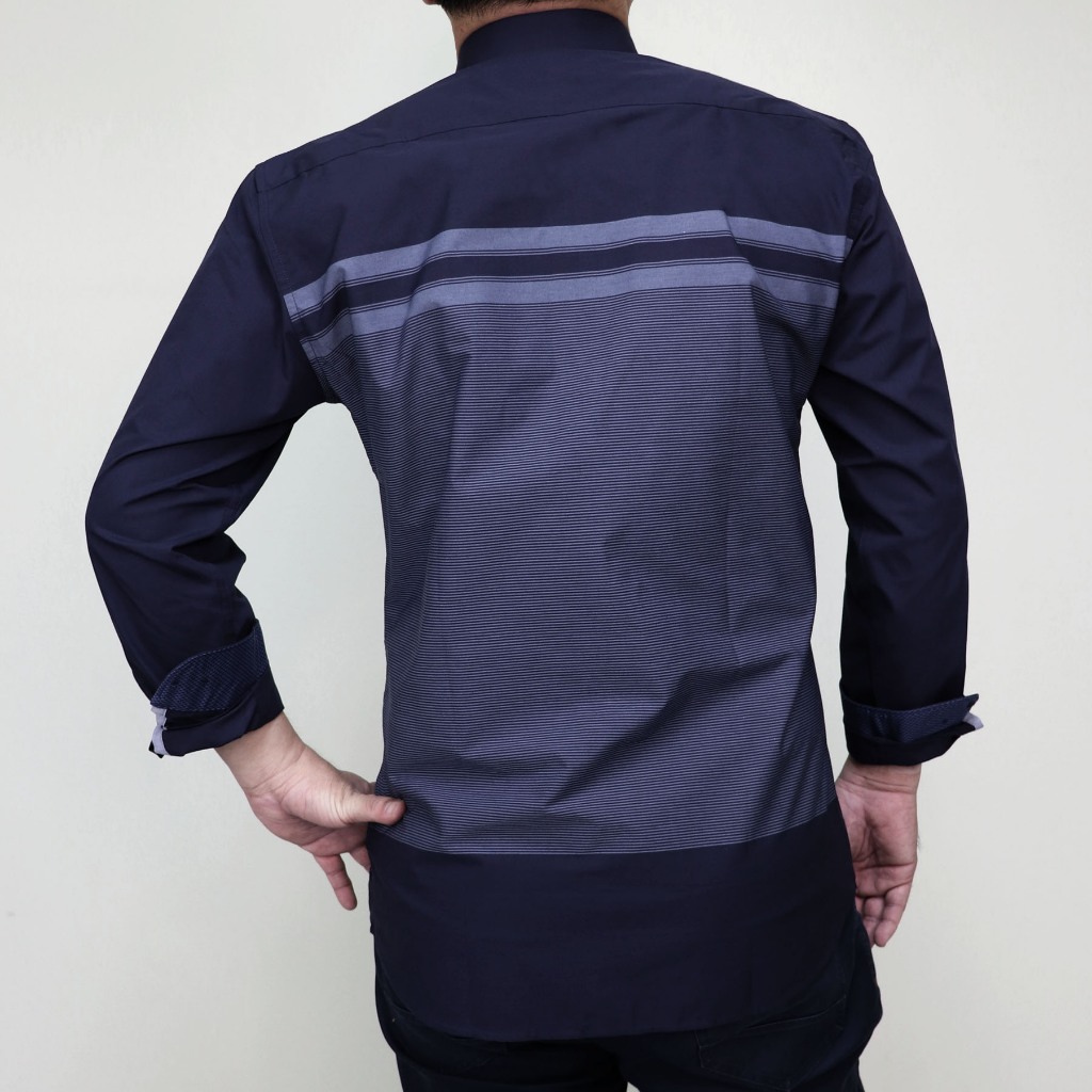PAUL MARC เสื้อเชิ้ตแขนยาว พิมพ์ลายเชิง คัลเลอร์บล็อค สีกรมท่า slim fit ยับยาก รีดง่าย PCHBAA2C02C