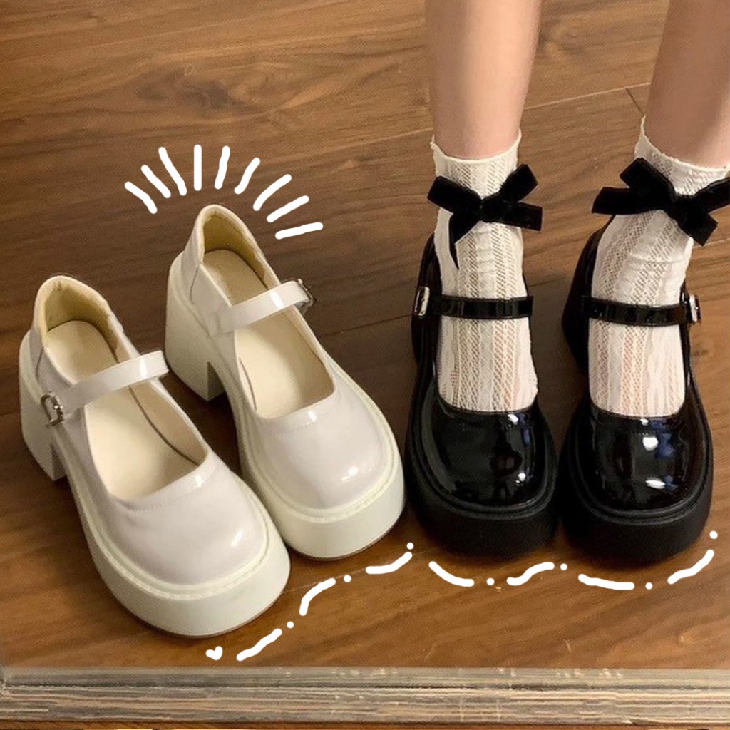 💕 รองเท้าคัทชูแฟชั่นคุณผู้หญิง รองเท้าส้นตึกสายคาด ทรงโลลิต้า สีพื้นขาวดำ ใส่เที่ยว ใส่ออกงาน💕K51