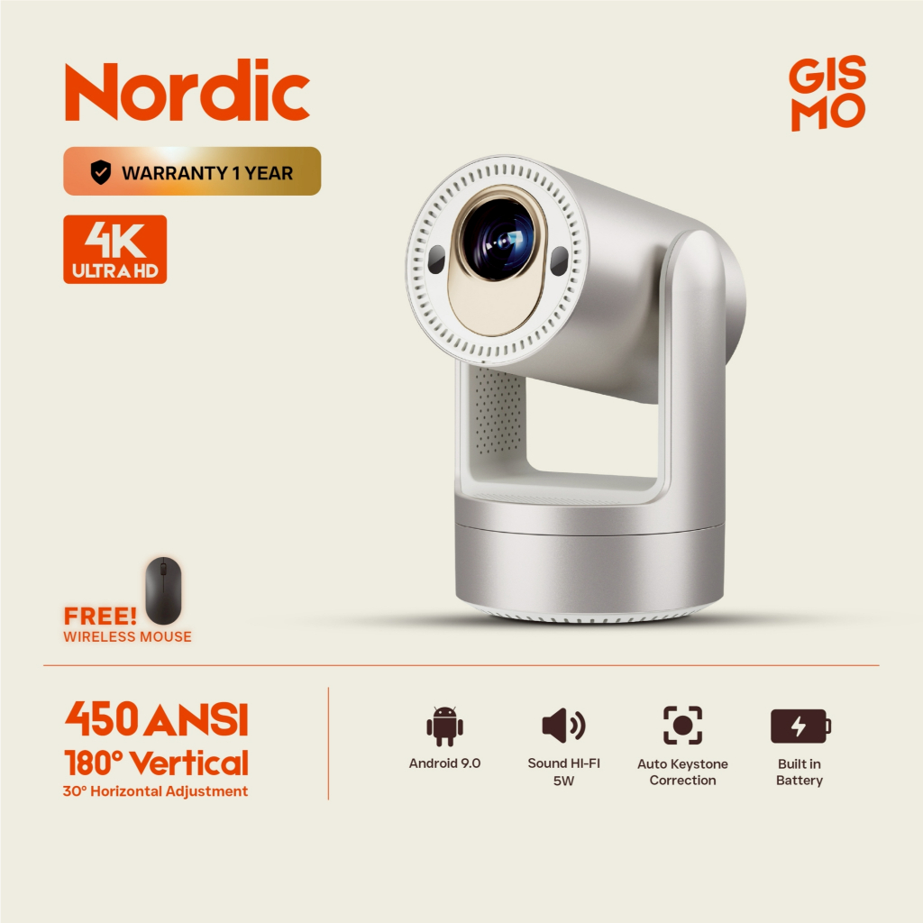 GISMO 📍 Nordic 4K Projector โปรเจคเตอร์ ความสว่างสูง 450 ANSI Gimbal design Built-In Andriod 11.0