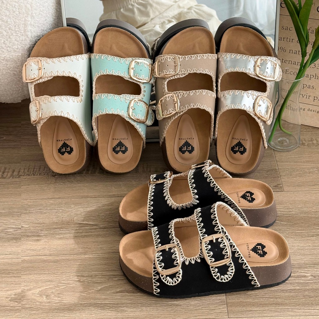 JASMINE✨รองเท้าทรงไบเก้นส้นหนา 1.5 นิ้ว ปักลายสวยมากๆ งานช่างไทย พร้อมส่ง