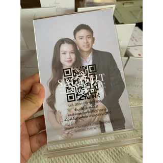 ป้ายสแกนคิวอาร์โค้ดพร้อมที่ตั้งอะคริลิค สองด้าน QR code ขนาด A6 ป้ายสแกนโต๊ะรับซอง ป้ายสแกนงานแต่ง