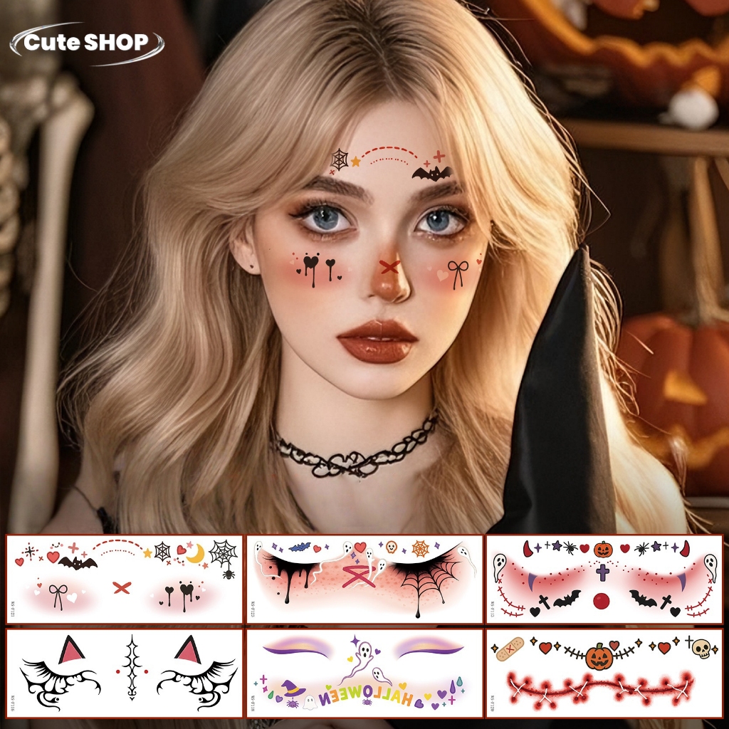 สติ๊กเกอร์รอยสักใบหน้า  ธีมฮาโลวีน  ชุด 10 ชิ้น  มีให้เลือกหลากหลายสไตล์  ส่งไวจากไทย
