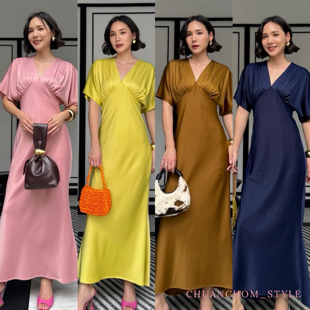 🔖Somethingelf Sandra เดรสคอวี จับจีบอก แขนระบาย สม็อคเอวหลัง ซิปซ่อนข้าง ชายหน้าโค้ง ผ้าซาติน มีน้ำหนัก