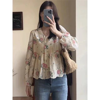 STYLE#เสื้อเชิ้ตแขนยาวผู้หญิง สไตล์เกาหลี สุภาพสตรี หลวม วินเทจ ปักดอกไม้ คอวี เสื้อเบลาส์ รุ่น#99189