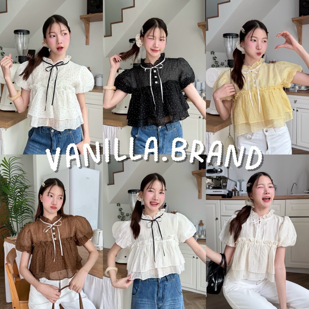 ⚫️⚪️(มีสีดำ,ขาว)เสื้อแขนบอลลูน ผูกโบว์คอ แต่งระบายสองชั้น -kn / VB0592
