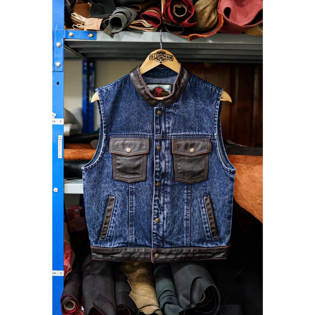 เสื้อกั๊กผ้ายีนส์&หนังแท้ Full Grain  OLDMAN Vest 2101 – Denim & Leather Vest