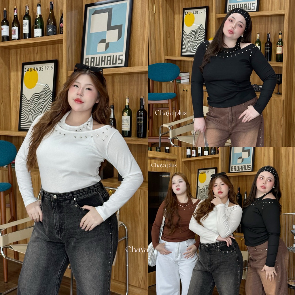 (LD) เสื้อครอปแขนยาว แต่งหมุด เก๋ๆ ใส่แล้วเก๋มาก แมทซ์ง่าย เสื้อผ้าสาวอวบอ้วน พลัสไซส์ ไซส์ใหญ่