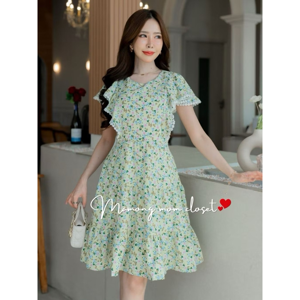 มือสอง (ให้นมได้ ) ซับในเต็ม Mamong เดรสให้นม พิมพ์ลายดอกไม้ สีเหลือง สวย หวาน น่ารักมาก