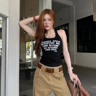 เสื้อกล้าม กล้ามเว้าหลัง สกรีนลาย สไตล์ Y2K พร้อมส่ง ผ้ายูนิยืดเยอะมาก สาวอวบใส่ได้ รุ่น กล้ามยูนิ MANKED