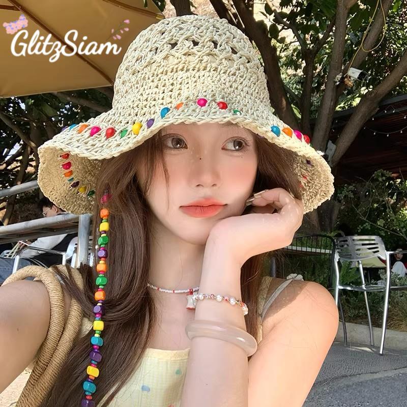 Glitzsiam💝💝หมวกบักเก็ตโดพามีน หมวกกันแดด พับได้ ประดับลูกปัด ราคาประหยัด.