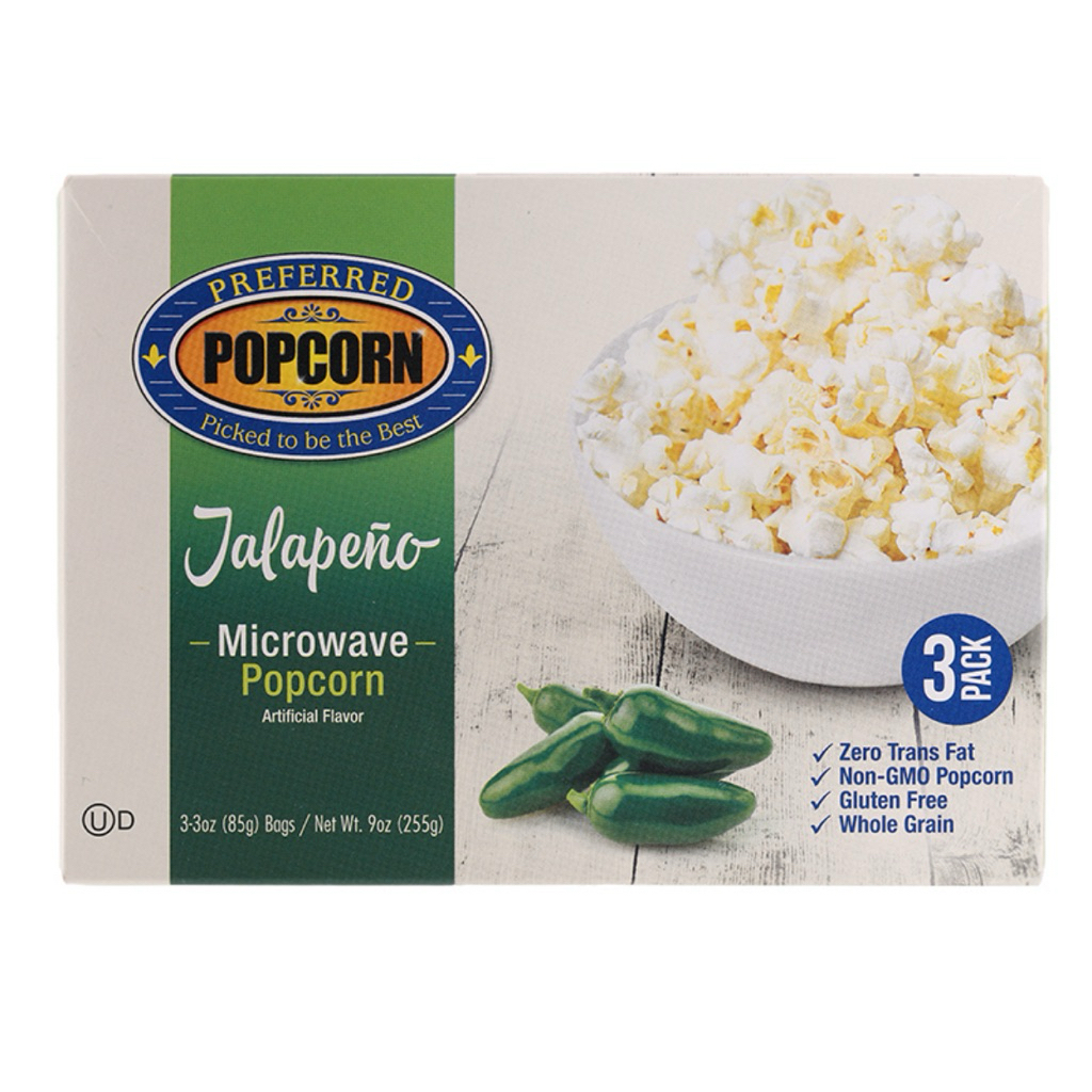 Preferred Microwave Popcorn Jalapeno/Cheese/Extra Butter 255g. เมล็ดข้าวโพดดิบสำหรับไมโครเวฟ