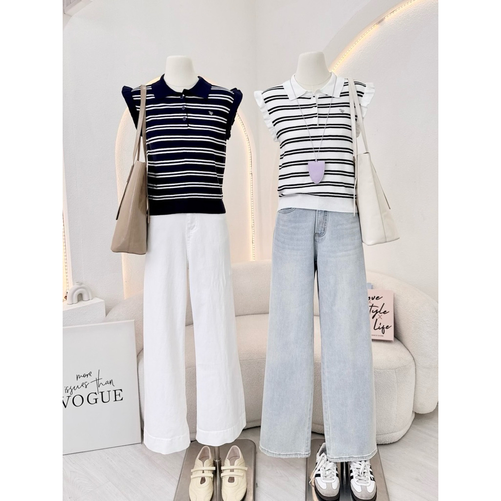 ป้าย WA YA ไหมพรมแขนกุด ระบาย คอปก ลายทาง ติดอะไหล่เงิน ปลาย