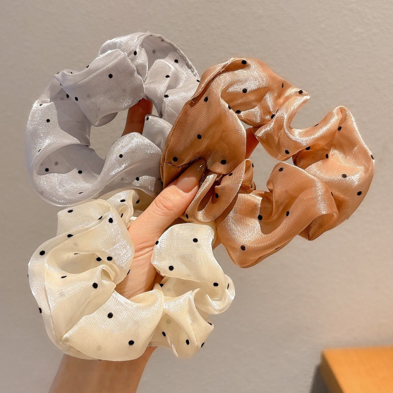 พร้อมส่ง🇹🇭  E014 ผ้ารัดผม ผ้าเงาลายจุด ผ้าแก้วลายจุด สีขาวดำ ยางรัดผมหางม้าลายจุด ที่รัดผม ยางรัดผมโดนัท