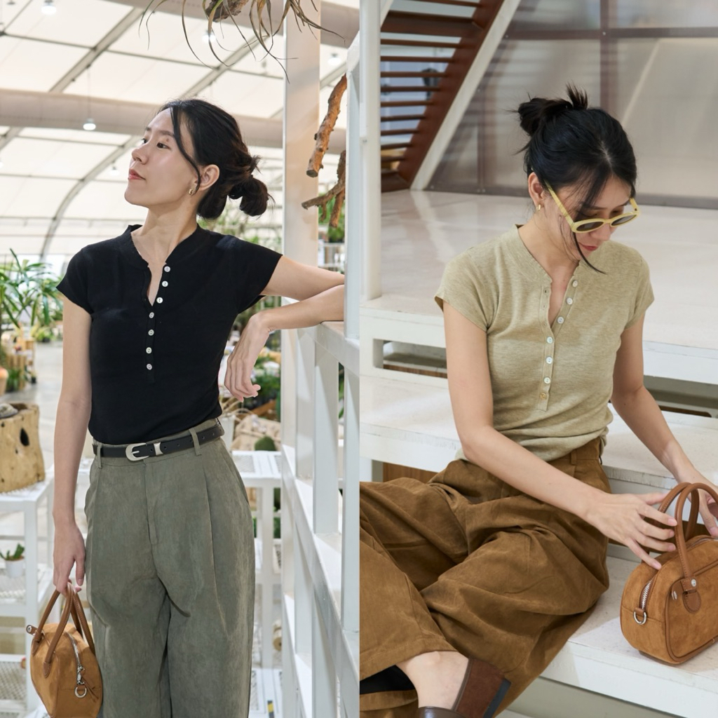 Simplestyle.byd Basic Knit Top เสื้อไหมพรมเข้ารูป เสื้อเเขนสั้น เสื้อดำ