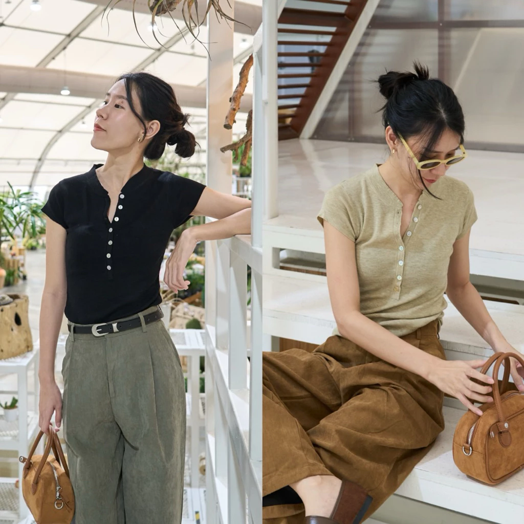 Simplestyle.byd Basic Knit Top เสื้อไหมพรมเข้ารูป เสื้อเเขนสั้น เสื้อดำ