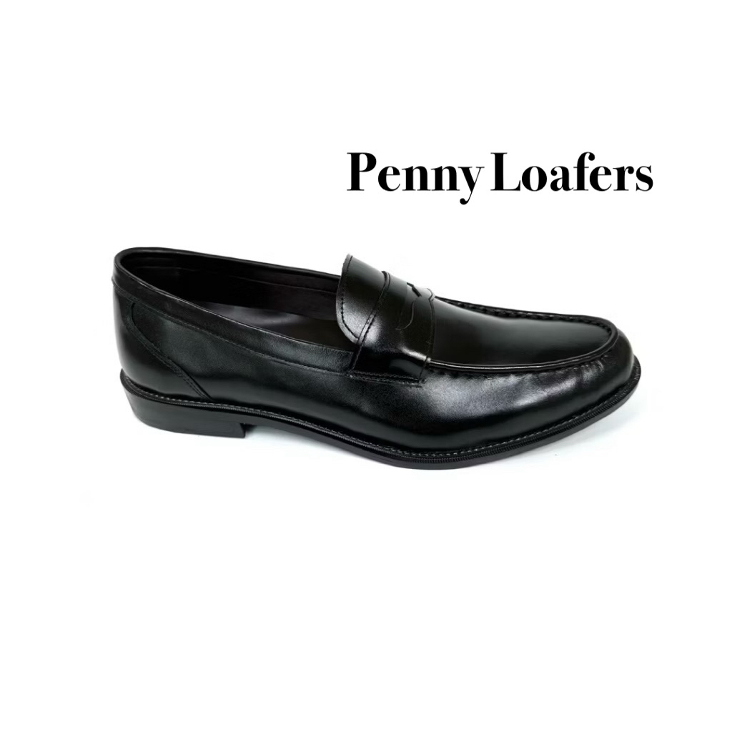 Penny Loafers สีดำล้วน ผลิตจากหนังวัวแท้ ใส่ซับนุ่ม พื้นไม้เกรดพรีเมี่ยม เปลี่ยนไซส์ได้