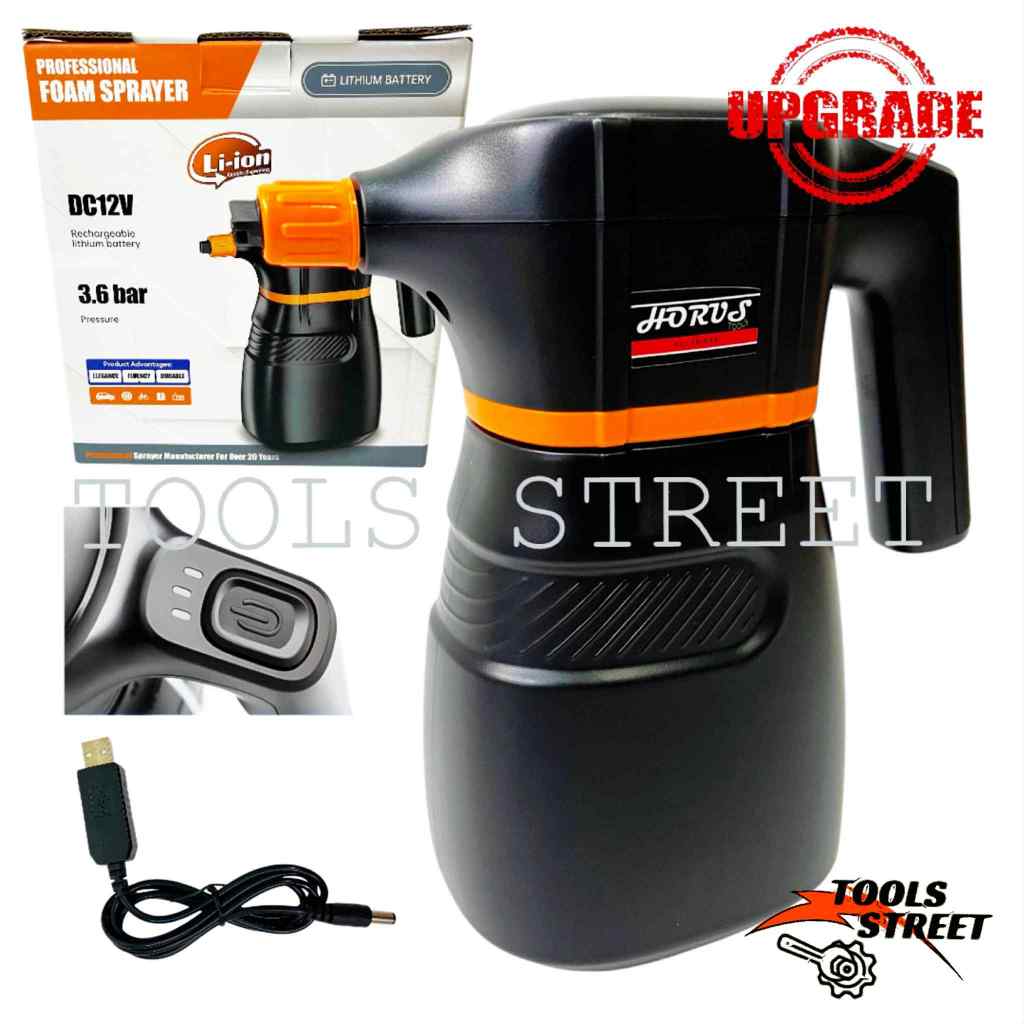 HORUS รุ่นอัพเกรด เครื่องพ่นโฟมไร้สาย 12V 2ลิตร มอเตอร์กำลังสูง พร้อมปั๊มโฟมในตัว 4000mAh ยิงได้ยาวนานมาพร้อมที่ชาร์จUSB