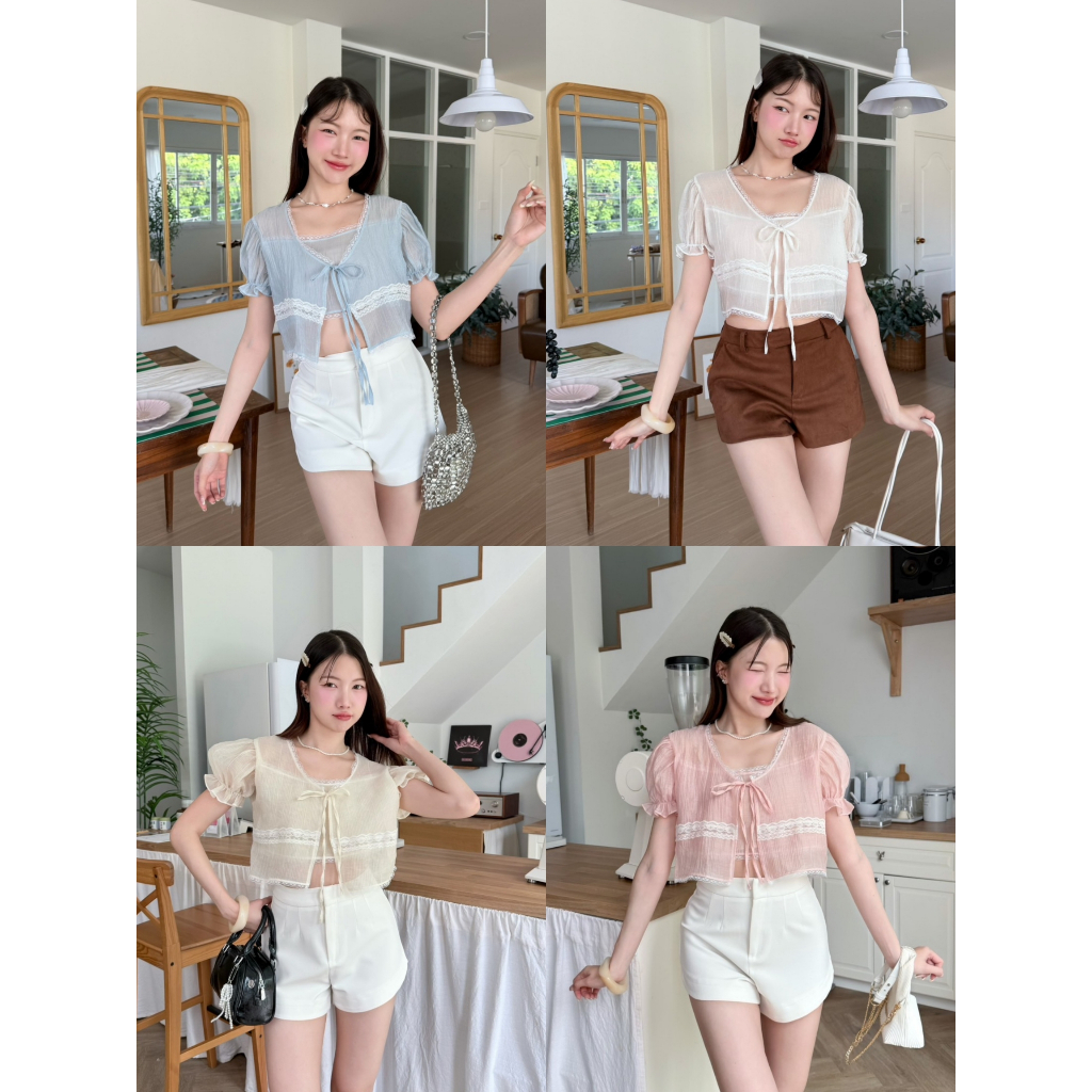 เสื้อแขนตุ๊กตาผูกหน้า2ชั้นแต่งขอบลูกไม้เกาะอกด้านใน