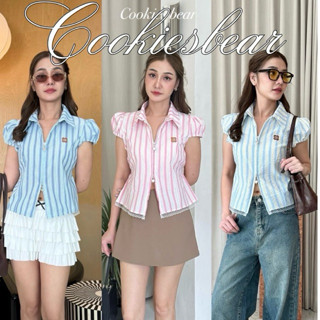 cookiesbear | เชิ้ตแขนสั้นทรงใหม่ ผ้าคอตตอนลายริ้ว งานแขนดอล…