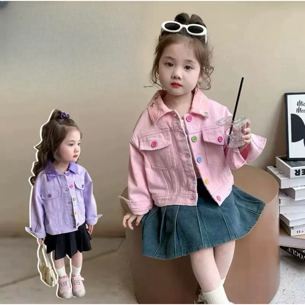 พร้อมส่ง เสื้อแขนยาวคอปกเนื้อผ้ายีนส์ มีกระเป๋า2ข้าง 2สี :ชมพู|ม่วง (size : 110-160)