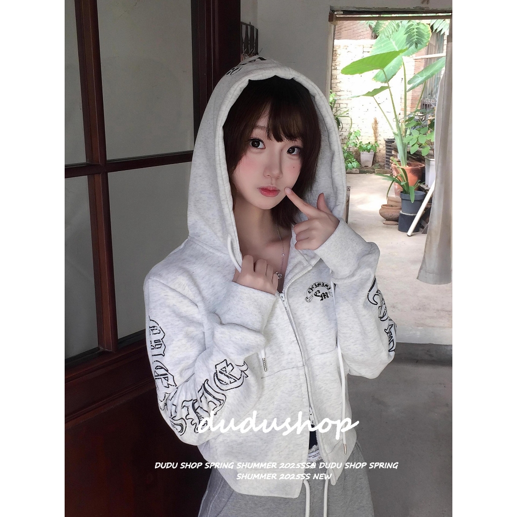 [Street style hip-hop print, zip-up hoodie]เสื้อคลุมฮู้ดซิปสั้นพิมพ์ลายย้อนยุคสุดเทรนด์สำหรับผู้หญิงเกาหลี ราคา ถูกที่สุด ดีลบีเคเค