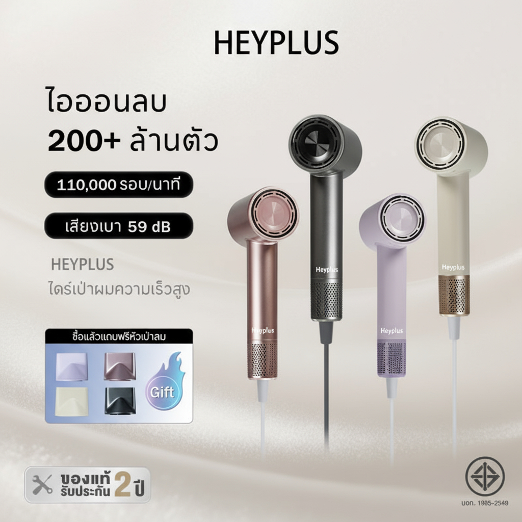 HEYPLUS ไดร์เป่าผมความเร็วสูง High-speed Hair Dryer ไดร์เป่าผม ลดผมชี้ฟู มีไอออนลบ เป่าผมแห้งเร็ว 1600W