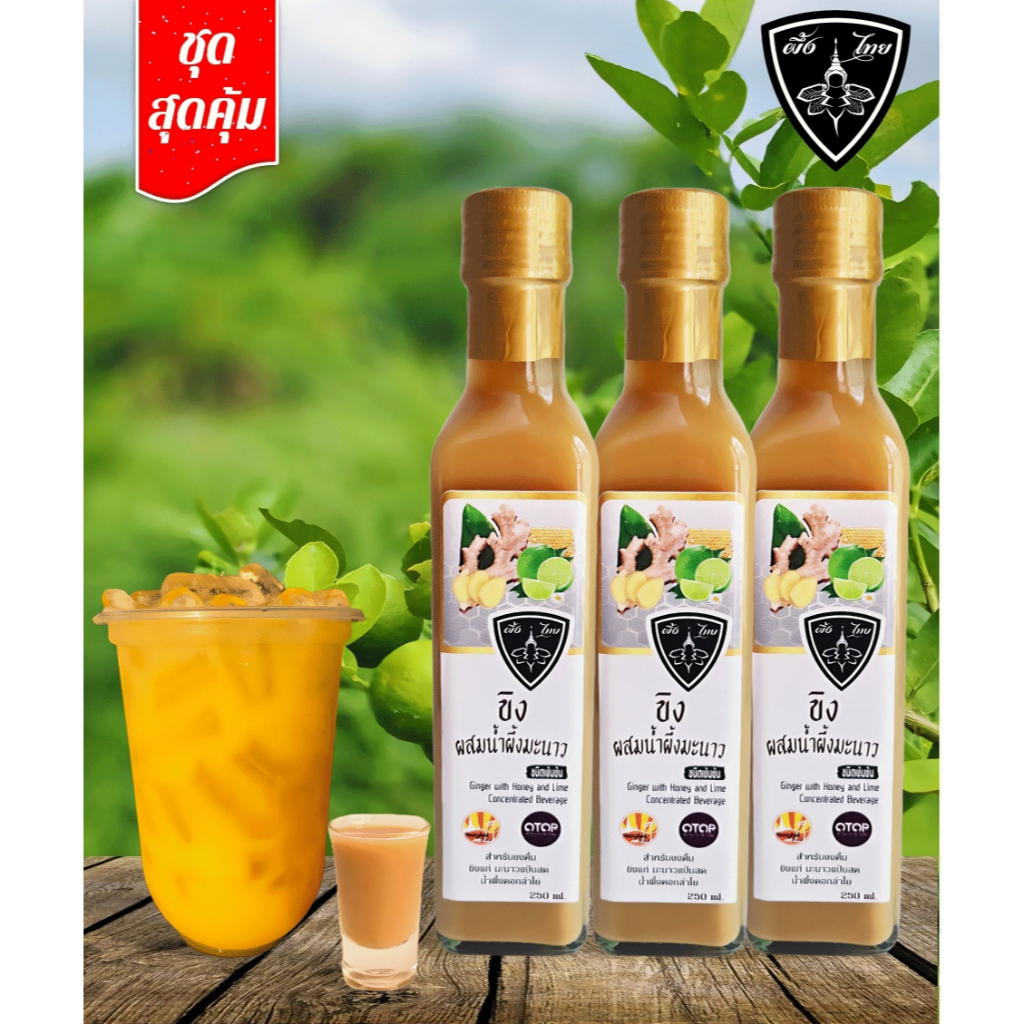 ขิงผสมนํ้าผึ้งมะนาวชนิดเข้มข้น 250ml แพ๊ก 3 ขวด Ginger with Honey and Lime concentrated beverage 25oml