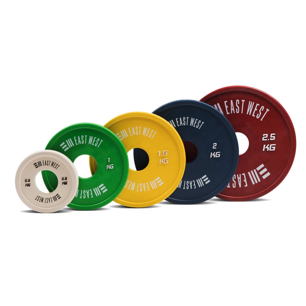 แผ่นน้ำหนักยกบาร์เบล (Change Plate) มาตรฐานโอลิมปิก 0.5–2.5 กก. ยางหุ้ม กันลื่น สีตามมาตรฐาน IWF | East West