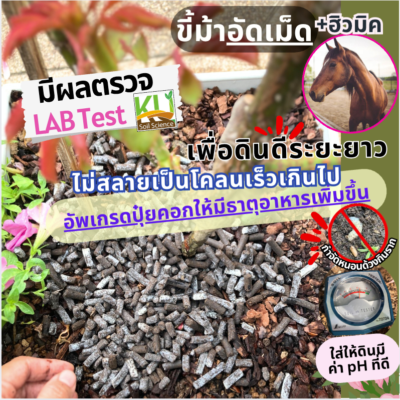 ปุ๋ยขี้ม้าอัดเม็ด 2L/1Kg ผสมอะมิโนฮิวมิค มีผลตรวจธาตุอาหาร หมักชีวภัณฑ์กำจัดแมลงแล้ว บำรุงดิน เร่งราก