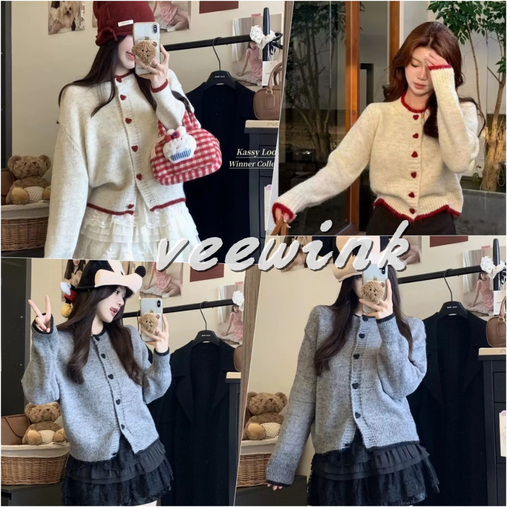 Veewink พร้อมส่งจากกทม เสื้อสเวตเตอร์แขนยาวสตรี ทรงสั้น กระดุมรูปหัวใจ แฟชั่นใหม่ ใส่สบาย สำหรับฤดูหนาว